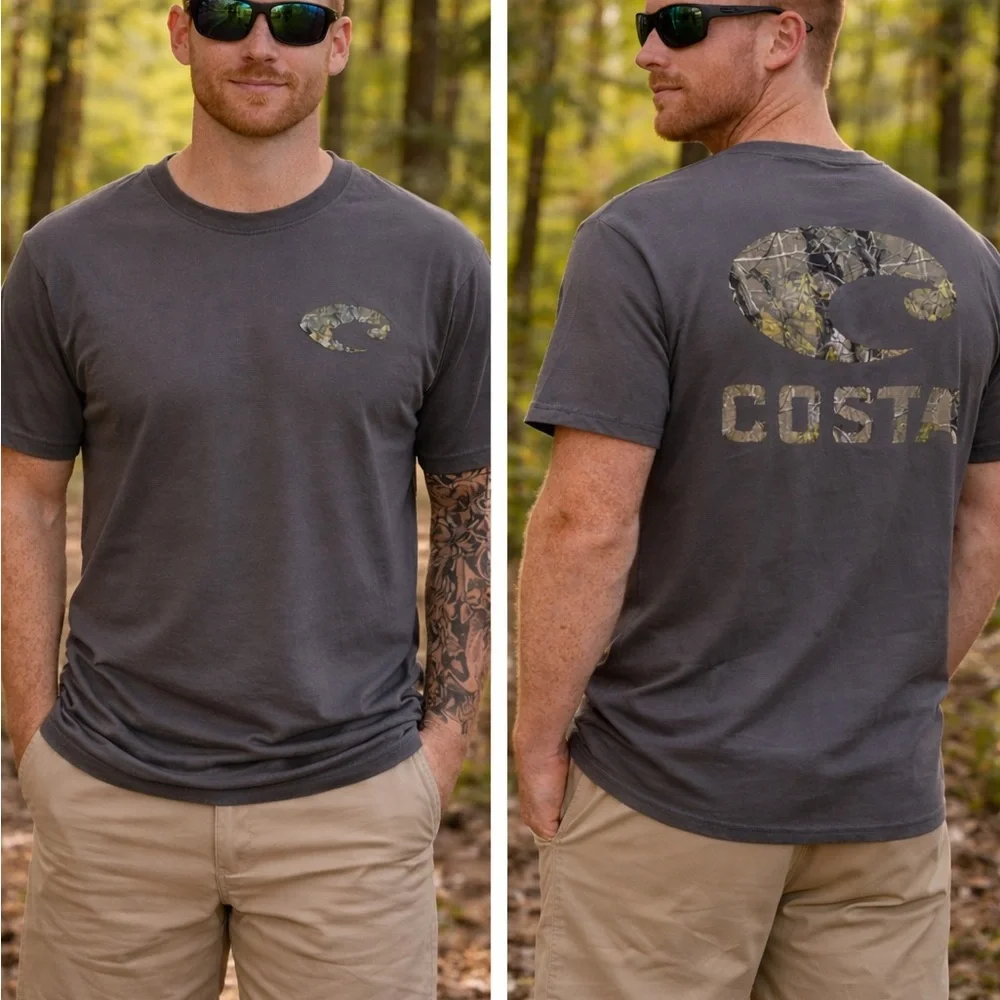 🆕 Costa Del Mar Camo Logo Graphic Tee Men’s Gray Short Sleeve Shirt & Logo Decal